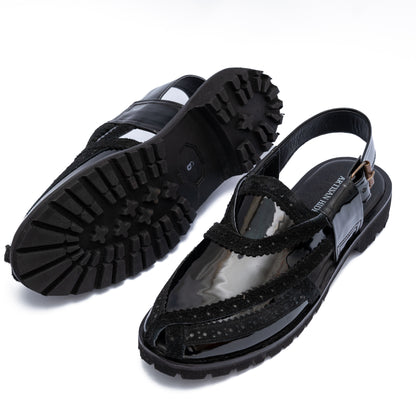 Men's Black Box Leather High Shine Sandal